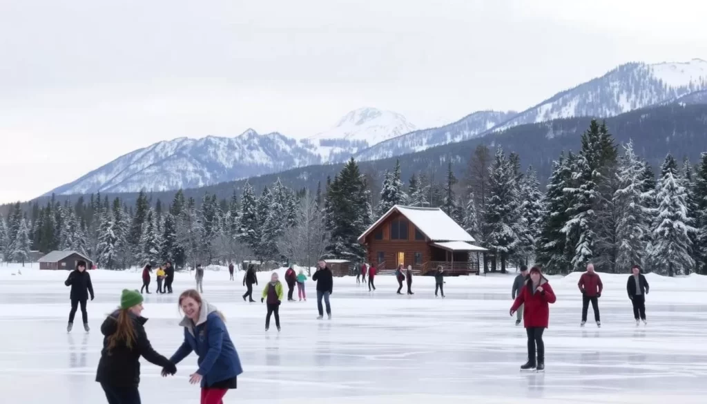 A serene winter landscape at Moosehead Lake, Maine. In the foreground, people ice skating on the frozen lake, their laughter and graceful movements captured in the crisp, clear air. The middle ground features a picturesque log cabin, its warm glow contrasting with the snow-blanketed trees surrounding it. In the background, the majestic mountains rise, their peaks dusted with a fresh layer of snow, bathed in the soft, diffused light of the overcast sky. The overall scene conveys a sense of tranquility and the beauty of the region's seasonal activities.