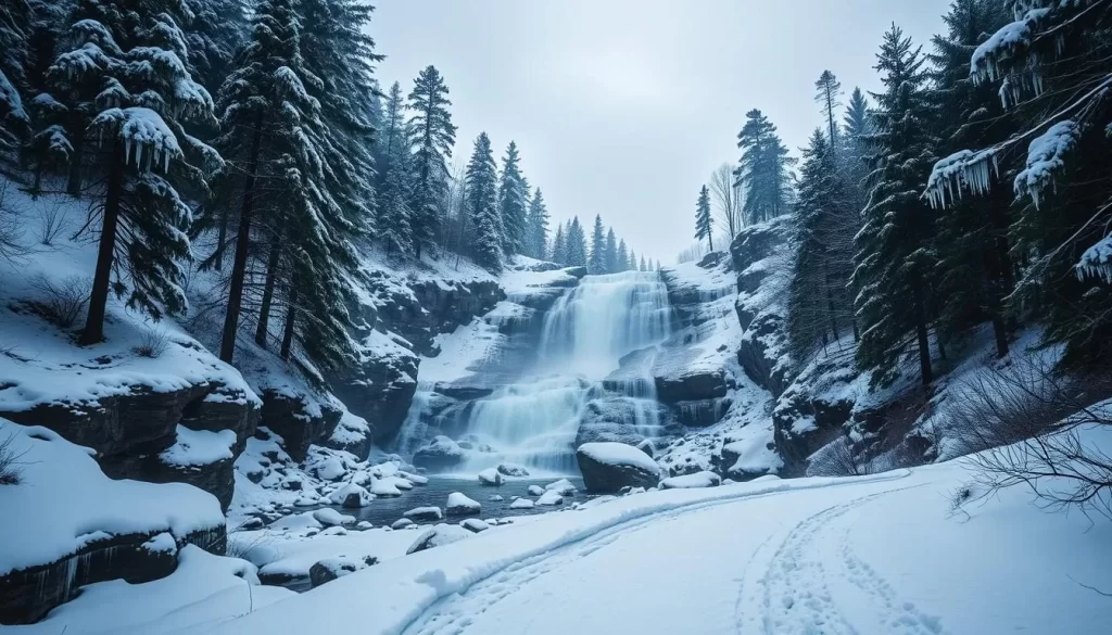 A serene winter landscape at Tahquamenon Falls State Park, Michigan. A frozen waterfall cascades over rugged rocks, surrounded by a blanket of pristine snow. Towering pine trees line the banks, their branches heavy with icicles that glisten in the soft, diffused daylight. In the foreground, a cleared path winds through the picturesque scenery, inviting visitors to explore the park's tranquil beauty. The moody, atmospheric lighting and muted color palette evoke a sense of peaceful solitude, capturing the essence of this enchanting seasonal wonder.