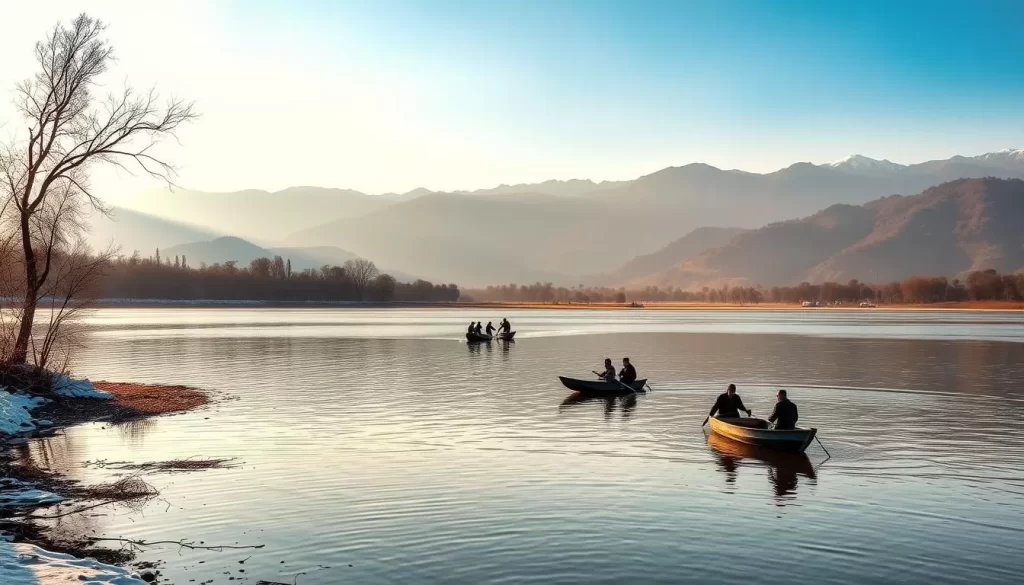A serene winter landscape in Bihar, India, showcasing the region's natural beauty. In the foreground, a picturesque lake reflects the surrounding hills and trees, glistening in the soft, golden sunlight. In the middle ground, a group of locals engage in traditional winter activities, such as boating or fishing. The background features majestic mountains, their peaks dusted with a light layer of snow, creating a breathtaking backdrop. The overall scene evokes a sense of tranquility and adventure, perfectly capturing the essence of a weather-savvy trip to Bihar during the winter months.