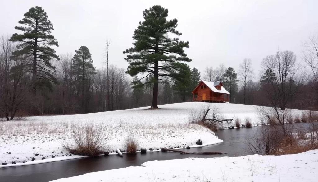 A serene winter landscape in Mississippi, with a light dusting of snow blanketing the rolling hills and leafless trees. In the foreground, a peaceful creek winds its way through the tranquil scene, its surface partially frozen over. Tall, majestic pine trees stand tall in the middle ground, their branches heavy with snow. In the background, a quaint wooden cabin nestled among the trees, its warm glow from the windows inviting you in from the chilly air. The sky is a soft, muted gray, casting a gentle, diffused light over the entire scene. The overall mood is one of peaceful solitude and quiet contemplation, capturing the serene essence of a Mississippi winter.