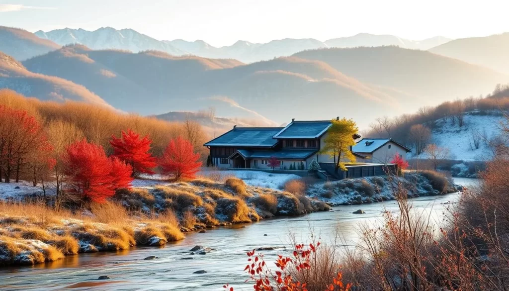 A serene winter landscape in Yilan County, Taiwan, bathed in soft, golden light. In the foreground, a gently flowing river meanders through a lush, snow-dusted forest, its banks dotted with vibrant red maple trees. In the middle ground, a traditional Taiwanese farmhouse stands nestled among rolling hills, its tiled roof and wooden beams in warm contrast to the cool, crisp air. In the distance, majestic mountains rise, their peaks capped with a delicate layer of snow, creating a picturesque scene that captures the tranquil beauty of Taiwan's Yilan County during the winter months.