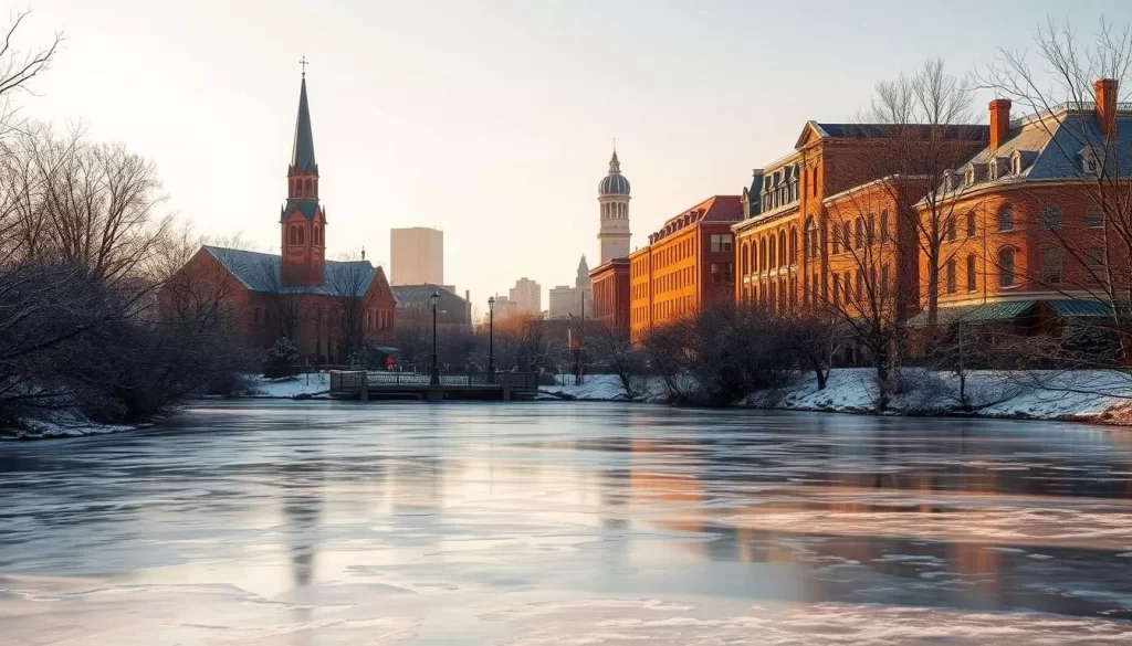 A serene winter landscape of Oklahoma City, bathed in a soft, golden glow. In the foreground, a picturesque frozen pond with delicate ice patterns, surrounded by leafless trees dusted with a light layer of snow. The middle ground features historic brick buildings and church steeples, their facades accented by the warm lighting. In the background, a hazy skyline is visible, with the iconic Devon Tower standing tall. The overall scene conveys a tranquil, cozy atmosphere, inviting the viewer to experience the mild, festive winter in this vibrant Midwestern city.