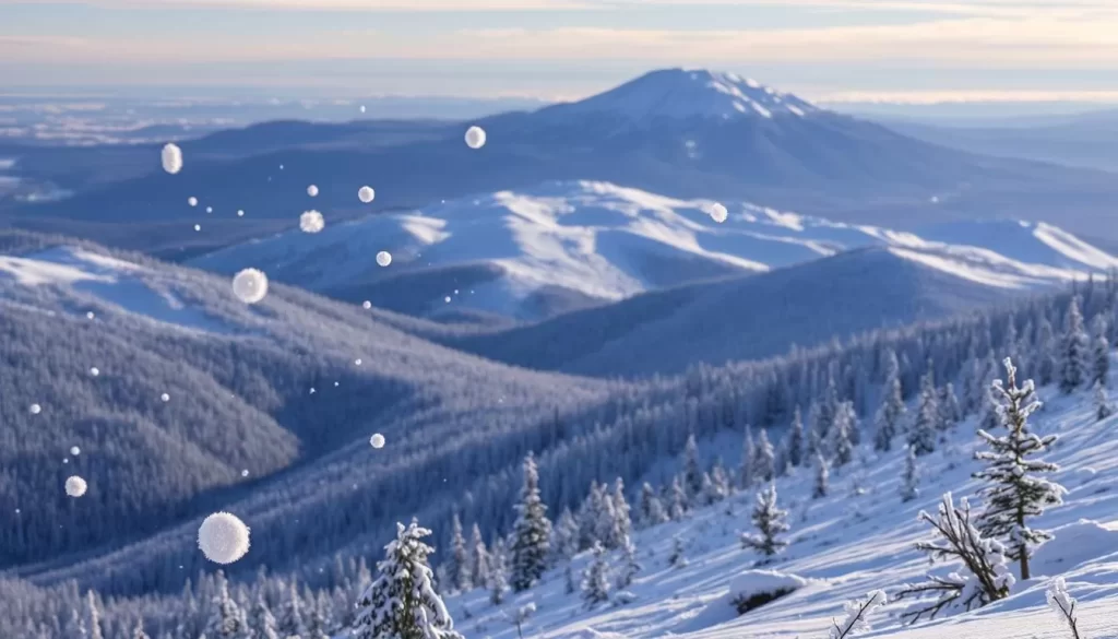 A serene winter landscape unfolds at Sugarloaf Mountain, with a gentle dusting of fresh snow covering the rugged terrain. In the foreground, delicate snowflakes drift lazily through the crisp, pine-scented air, catching the soft glow of the afternoon sun. The middle ground reveals the majestic slopes of the mountain, their contours etched in intricate detail, inviting exploration. In the distance, the summit rises majestically, its peaks capped with a pristine layer of white, creating a visual balance between the natural elements. The overall scene exudes a peaceful, tranquil atmosphere, perfectly capturing the essence of Sugarloaf's winter climate.