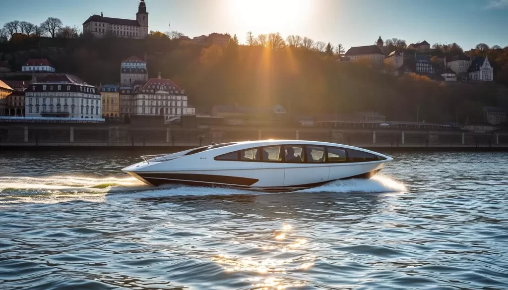 A sleek, modern river shuttle glides along the tranquil waters of the Meuse River in Liège, Belgium. The vessel's streamlined hull and elegant design cut through the gentle current as passengers gaze out over the historic cityscape. Sunlight dances across the river's surface, creating a shimmering, golden hue. In the background, the iconic Perron de Liège and the city's charming, medieval architecture create a picturesque backdrop. The shuttle's operator navigates with precision, offering passengers a leisurely, scenic tour of Liège's renowned waterways.