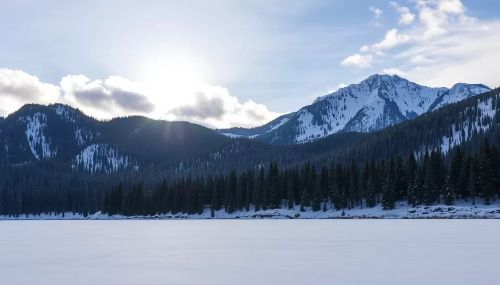A snow-covered landscape in the Black Hills region, with dense evergreen forests in the middle ground and majestic mountains rising in the background. The foreground is dominated by a frozen lake, its surface reflecting the clear winter sky and the warm glow of the sun peeking through the clouds. Crisp, clean, and serene, the scene evokes a sense of tranquility and adventure, inviting viewers to explore the wintry wonderland of the Black Hills.