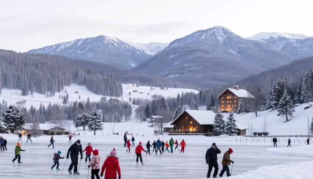 A snow-covered landscape in the rolling hills of northern Georgia, with a picturesque village nestled in the valley. In the foreground, families enjoy various winter activities - ice skating on a frozen lake, cross-country skiing through the pristine forest, and building snowmen in the crisp, clean air. The middle ground features a cozy lodge with a warm, glowing fireplace, inviting visitors to come inside and savor a hot cup of cocoa. In the background, majestic mountain peaks stand tall, their peaks capped with a dusting of white. The scene is illuminated by a soft, golden light, creating a peaceful and serene atmosphere.