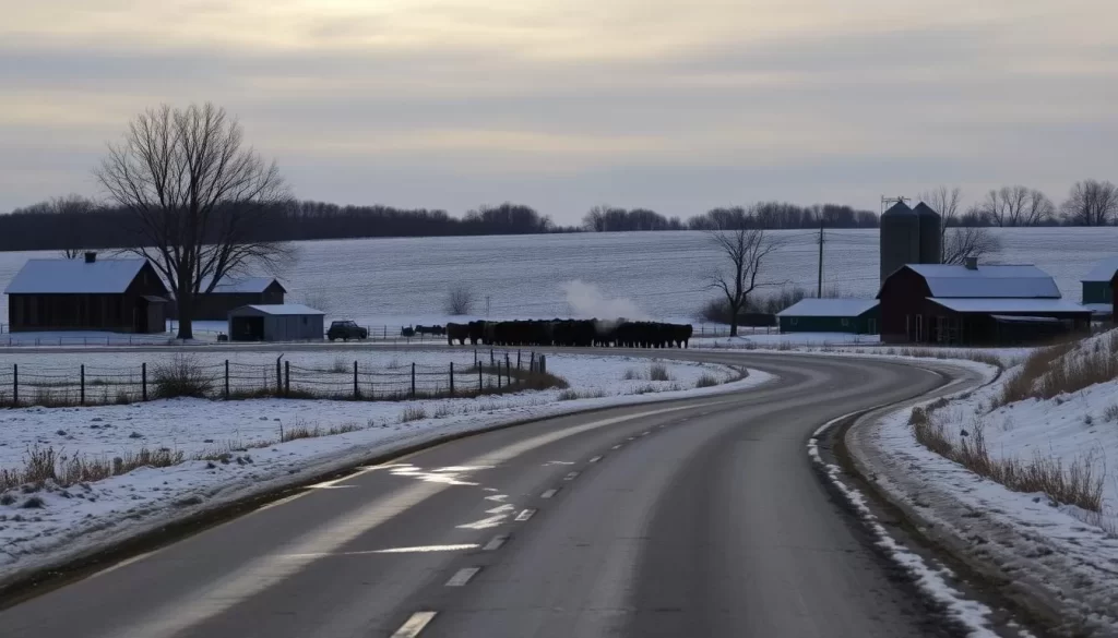 A snow-dusted landscape under a muted winter sky, with bare trees silhouetted against the horizon. In the foreground, a winding rural road leads through rolling hills, flanked by weathered barns and silos. Patches of ice glisten on the asphalt, hinting at the chilly temperatures. In the middle ground, a herd of cattle huddle together, their breath visible in the crisp air. The scene conveys the quiet, contemplative mood of an Iowa winter, with a sense of anticipation for the thaw to come.