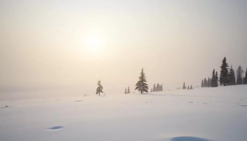 A snowy landscape in Wasilla, Alaska, bathed in the soft, diffused light of a winter day. A pristine expanse of white, dotted with evergreen trees, stretches out before a viewer standing at the edge of a frozen lake. The sun, a pale orb in the hazy sky, casts a gentle glow over the scene, creating long shadows and a tranquil atmosphere. In the foreground, delicate snowflakes drift down, their intricate patterns visible in the crisp air. The overall mood is one of serene beauty, capturing the essence of a peaceful winter day in this northern town.