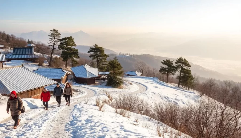 A snowy landscape in the mountains of North Chungcheong Province, South Korea, during the winter season. In the foreground, a group of bundled-up locals stroll along a winding path, their breath visible in the crisp, cold air. In the middle ground, traditional tiled-roof houses and pine trees are dusted with a layer of pristine white snow. The background features a panoramic view of distant, snow-capped peaks, bathed in the warm, golden glow of the winter sun. The scene exudes a serene, peaceful atmosphere, capturing the tranquil beauty of the Korean countryside in wintertime.