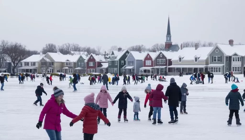 A snowy, picturesque landscape in Rhode Island during the winter months. In the foreground, families ice skating on a frozen pond, their laughter echoing through the crisp air. In the middle ground, people bundled up in warm coats and hats, building snowmen and engaging in friendly snowball fights. In the background, a quaint New England town, its historic buildings dusted with a layer of pristine white snow, church steeples piercing the gray sky. The scene is bathed in soft, natural lighting, creating a serene and inviting atmosphere perfect for a weather-savvy winter adventure in Rhode Island.