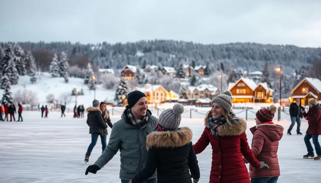 A snowy winter landscape in Michigan, with couples and families enjoying various outdoor activities. In the foreground, a group of people ice skating on a frozen lake, their laughter echoing in the crisp air. In the middle ground, a family building a snowman, bundled up in warm winter coats and hats. In the background, a picturesque town nestled among snow-covered trees, its charming buildings illuminated by the warm glow of streetlamps. The scene is bathed in a soft, natural light, creating a cozy and inviting atmosphere.