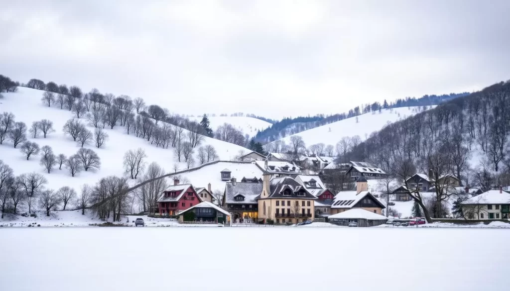 A snowy winter landscape in Mondorf-les-Bains, Luxembourg. Pristine white snow blankets the rolling hills, dotted with leafless trees casting delicate shadows. In the foreground, a tranquil frozen lake reflects the cloudy sky above. Quaint village buildings with red-tiled roofs and warm lighting through the windows nestle in the middle ground, surrounded by a gentle dusting of snow. The scene is illuminated by soft, diffused natural light, creating a serene and peaceful atmosphere.