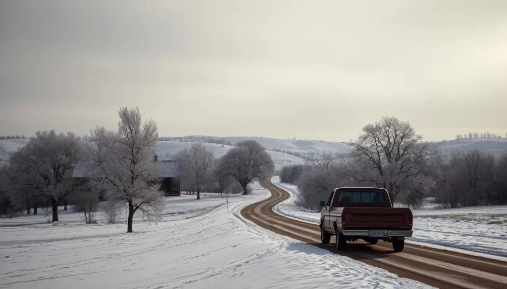 A snowy winter landscape in the Texas countryside, with a picturesque farmhouse nestled between rolling hills. Frost-covered trees stand tall in the foreground, casting long shadows across the pristine white blanket of snow. In the middle ground, a narrow country road winds through the scene, with a vintage pickup truck slowly making its way. The background is dominated by a hazy, overcast sky, its muted gray tones complementing the muted colors of the winter scene. Soft, diffused natural lighting creates a serene, peaceful atmosphere, inviting the viewer to experience the tranquility of a Texas winter day.