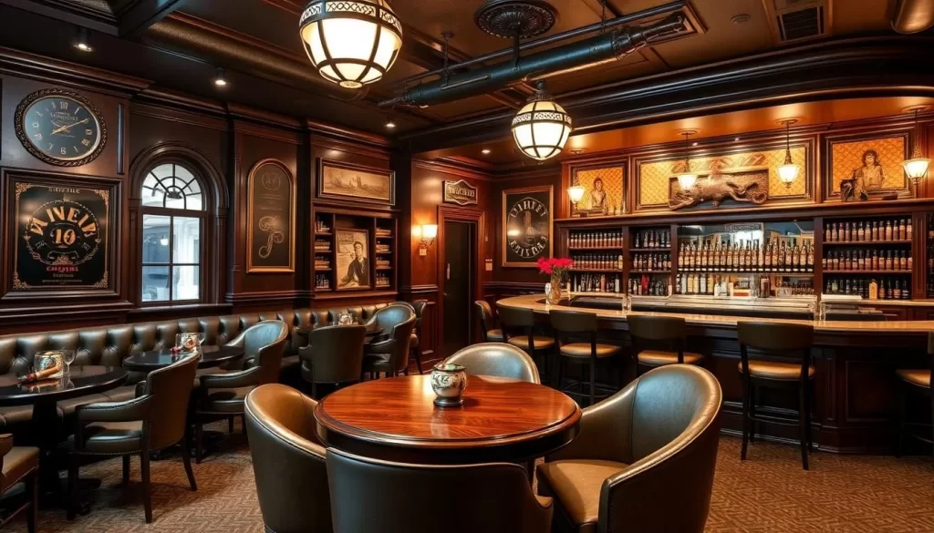 A sophisticated lounge with vintage decor, featuring hand-rolled cigars and a bar at Jimenez Cigar Lounge in Newark.