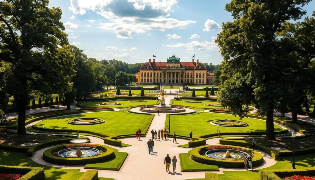 A sprawling Baroque garden with manicured hedges, ornamental fountains, and winding pathways. Towering trees cast dappled shadows across the lush, manicured lawns. In the distance, the grand facade of Schloss Esterházy palace rises majestically, its pale yellow walls and red-tiled roofs basking in the warm, golden light of a summer afternoon. Visitors stroll leisurely, admiring the colorful flower beds and regal statues that dot the landscaped vistas. A sense of history and grandeur pervades the scene, inviting exploration and quiet contemplation within this picturesque oasis.