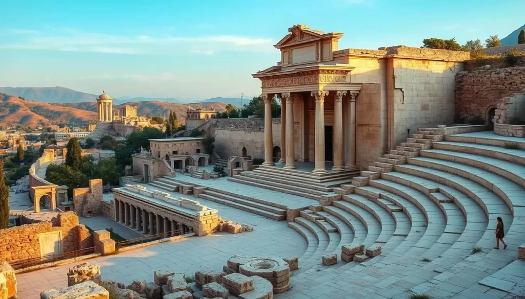 A sprawling ancient city nestled amid rolling hills, the ruins of Ephesus stand as a testament to the grandeur of the past. Capture the majestic Celsus Library, its ornate facade bathed in warm afternoon light, with the bustling agora and towering Temple of Artemis in the background. Weave through the winding marble streets, their worn stones bearing the echoes of countless footsteps. Imagine the vibrant marketplace, the scent of spices and the hum of merchants' voices. The ruins of the Great Theatre, once echoing with the applause of thousands, now stand in serene contemplation. Render this ancient city in vivid detail, evoking a sense of wonder and connection to the rich history that has unfolded within its walls.