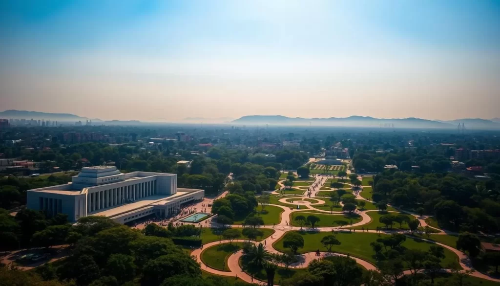 A sprawling cityscape of Chandigarh, India's first planned city, bathed in warm, golden sunlight. Majestic modernist structures designed by the renowned architect Le Corbusier dominate the foreground, their geometric forms and clean lines creating a striking visual contrast against the hazy blue sky. In the middle ground, lush greenery interspersed with vibrant pedestrian plazas and winding pathways, showcasing the city's harmonious integration of nature and architecture. The background gently rolls with rolling hills, providing a serene, picturesque backdrop to this showcase of Chandigarh's innovative, forward-thinking urban design.