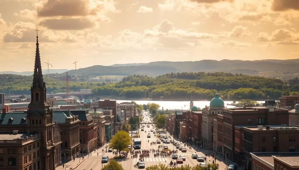 A sprawling cityscape of Springfield, Massachusetts, captured on a sunny day. The historic architecture of the city's downtown core stands proudly, with towering spires and ornate facades casting long shadows across the bustling streets below. In the foreground, a lively mixture of pedestrians, cyclists, and vintage cars create a vibrant, lived-in atmosphere. The middle ground features the iconic Connecticut River, its glistening waters reflecting the surrounding buildings. In the distance, the rolling hills of the Pioneer Valley provide a scenic backdrop, blanketed in verdant foliage. The warm, golden light filters through the clouds, imbuing the scene with a sense of timeless charm and historical significance.