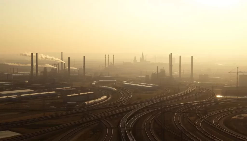 A sprawling industrial landscape unfolds, dominated by the towering silhouettes of factories and warehouses. The sunlight filters through the hazy sky, casting a warm, golden glow over the scene. In the foreground, a network of railroad tracks weaves through the urban fabric, linking the various components of this thriving industrial hub. Smokestacks rise into the air, a testament to the area's manufacturing prowess. In the distance, the distinctive spires of Dudelange's historic churches peek out, a reminder of the town's rich cultural heritage. The overall atmosphere conveys a sense of productivity and progress, capturing the essence of Dudelange's industrial legacy.
