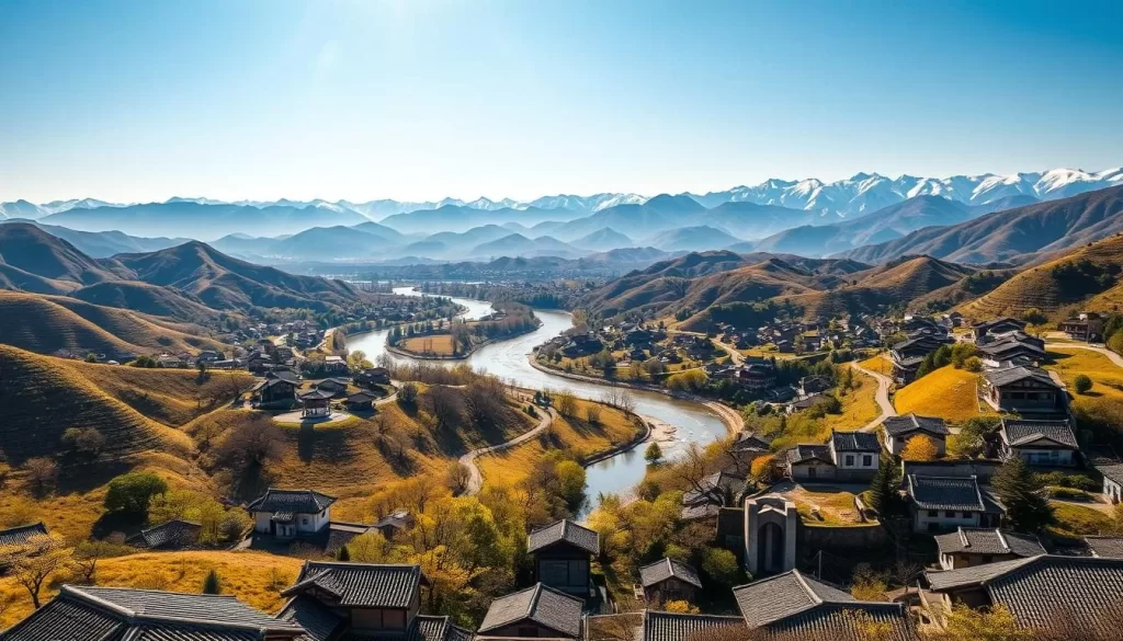 A sprawling landscape of Gangwon Province, South Korea, where the rich history of the Korean language unfolds. In the foreground, rolling hills dotted with traditional hanok houses, their tiled roofs and wooden beams reflecting the region's architectural heritage. In the middle ground, a winding river cuts through the lush greenery, its banks lined with ancient Korean calligraphy carved into the rocks, a testament to the evolution of the written language. The background features snow-capped mountains, their peaks reaching towards a bright, sun-dappled sky, evoking the rugged beauty of this northeastern region. The scene is bathed in warm, natural lighting, capturing the tranquil and serene atmosphere of Gangwon Province, where the story of the Korean language continues to be written.