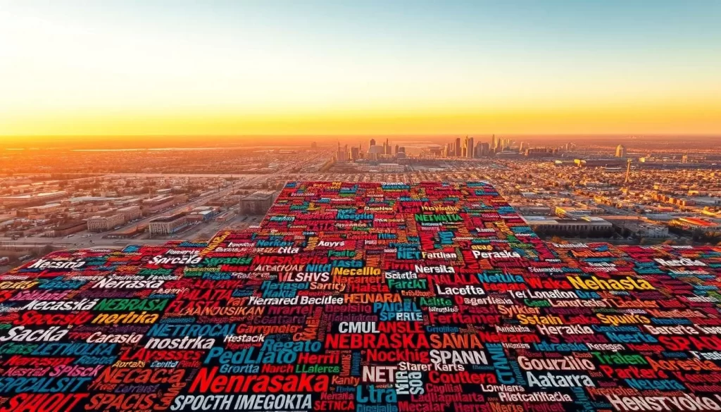 A sprawling linguistic landscape, with the diverse tongues of Nebraska's inhabitants taking center stage. In the foreground, a vibrant mosaic of languages unfolds - English, Spanish, Vietnamese, and more, each represented by stylized typographic elements. The middle ground showcases a map of the state, with various population centers marked by their predominant languages. In the background, a panoramic view of the Nebraska skyline, bathed in warm, golden light, serves as a serene backdrop to this linguistic tapestry. Capture the harmony and richness of Nebraska's linguistic diversity through a cohesive, visually striking composition.