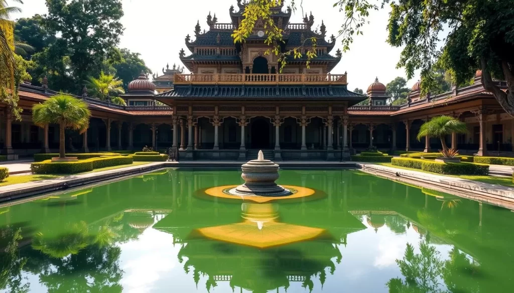 A sprawling, ornate water palace nestled amidst lush greenery, the Taman Sari Water Castle in Yogyakarta, Indonesia stands as a testament to the grandeur of the Sultanate's golden age. Capture the serene reflection of its intricate architecture on the tranquil pools, with sunlight gently dappling the scene. Depict the central bathing complex, where the Sultan and his entourage would have once retreated, surrounded by meticulously manicured gardens. Convey a sense of timeless beauty and historical significance, inviting the viewer to step back in time and imagine the palace in its heyday.