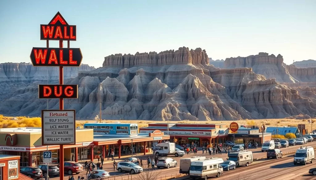 A sprawling roadside attraction nestled against the rugged, otherworldly landscape of Badlands National Park. In the foreground, the iconic "Wall Drug" sign stands tall, its neon letters beckoning visitors to explore the countless shops, eateries, and quirky exhibits within. The middle ground features a bustling scene of cars, RVs, and tourists milling about, drawn by the promise of free ice water and the unique blend of Americana and natural wonder. In the background, the jagged, erosion-sculpted formations of the Badlands rise up, casting long shadows under a warm, golden sun. The mood is one of exploration, discovery, and the intersection of the man-made and the untamed. A wide-angle lens captures the full scale of this quintessential South Dakota roadside stop.