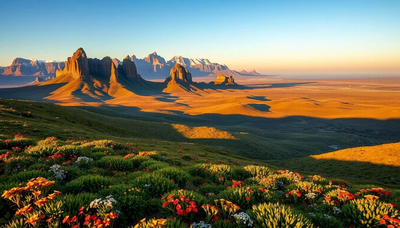 A sprawling, rugged landscape of the West Coast National Park, South Africa, bathed in warm golden sunlight. In the foreground, a vast expanse of rolling hills covered in lush, vibrant vegetation, dotted with wildflowers in vibrant hues. The middle ground features towering, craggy rock formations casting dramatic shadows, while in the distance, the horizon is dominated by a majestic mountain range, its peaks capped with pristine snow. The scene exudes a serene, tranquil atmosphere, inviting the viewer to immerse themselves in the natural beauty of this pristine wilderness.