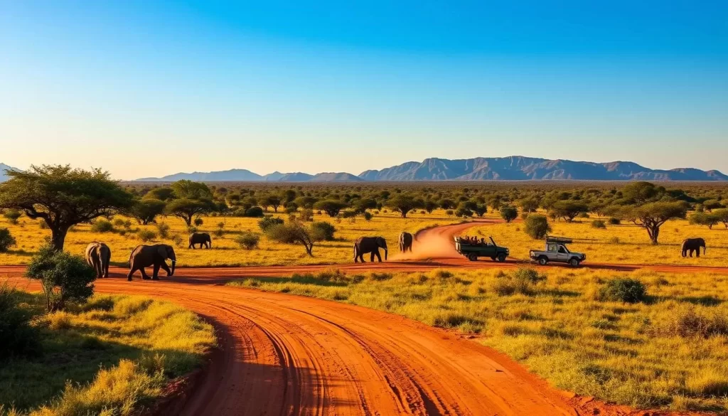 A sprawling savanna landscape under a clear blue sky, with a herd of elephants meandering through the lush green vegetation of Tarangire National Park. In the foreground, a dusty dirt road winds through the scene, inviting the viewer to imagine an upcoming safari adventure. Warm, golden sunlight filters through the canopy of acacia trees, casting a serene glow over the tranquil setting. In the middle ground, a small group of safari jeeps are parked, their passengers eagerly observing the wildlife. The background is dominated by the iconic, rugged hills that define the park's terrain. The overall mood is one of wonder, adventure, and a deep appreciation for the natural beauty of this magnificent Tanzanian wilderness.