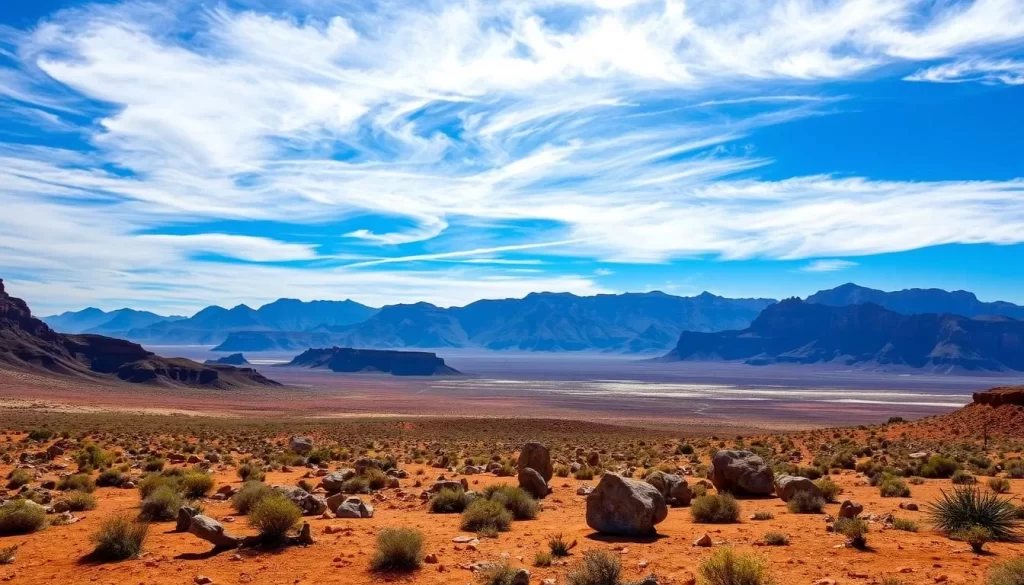 A sprawling, sun-drenched Northern Cape landscape unfolds before the viewer. In the foreground, a rugged, sun-baked terrain of red desert sand and weathered rock formations stretch out, dotted with hardy shrubs and cacti. The middle ground reveals undulating hills and jagged, sun-bleached mountains, their peaks silhouetted against a brilliant azure sky. Wispy cirrus clouds drift overhead, casting soft, diffused light across the scene. A sense of vast, untamed wilderness and tranquil solitude pervades the image, inviting the viewer to lose themselves in the majestic, timeless beauty of South Africa's largest and most sparsely populated province.