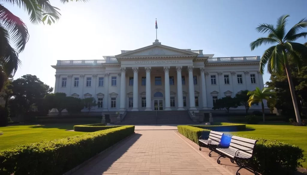 A sprawling, sunlit government building, its stately facade adorned with grand columns and ornate architectural details. The structure stands tall, commanding an authoritative presence amidst a well-manicured, verdant landscape. Sunlight filters through the windows, casting a warm, inviting glow upon the scene. In the foreground, a neatly paved walkway leads towards the entrance, flanked by well-trimmed hedges and a few benches, suggesting an air of formality and professionalism. The overall impression is one of official, institutional grandeur - a fitting representation of the "English: The Official Language of Lakshadweep".