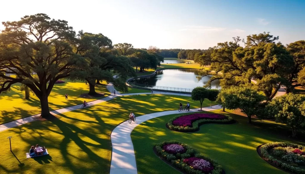 A sprawling urban oasis in the heart of Baton Rouge, Louisiana. Lush green lawns dotted with towering oak trees cast gentle shadows over winding paths. Joggers and cyclists weave through the tranquil scene, while families picnic on checkered blankets under the warm, golden sunlight. A picturesque lake reflects the surrounding foliage, its calm waters inviting visitors to stroll along the scenic boardwalk. Vibrant flower beds and neatly manicured gardens add pops of color, creating a serene and inviting atmosphere perfect for a leisurely afternoon. Capture the beauty of this quintessential Southern park, a beloved community hub and oasis of natural splendor.