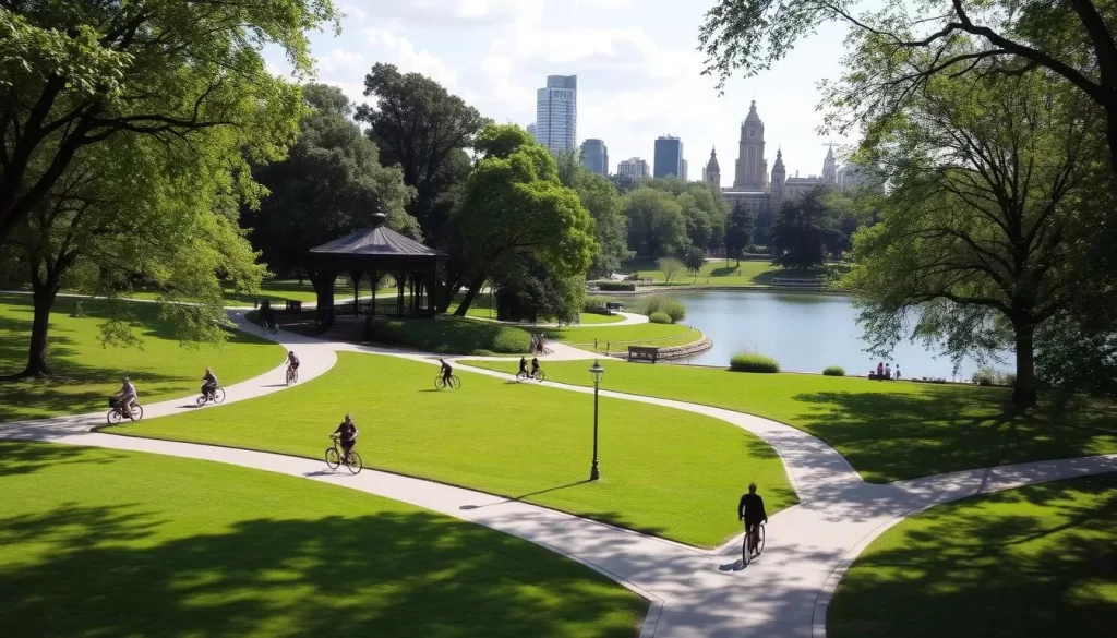 A sprawling urban park with lush, verdant greenery, winding paths, and a serene lake. Sunlight filters through the canopy of mature trees, casting dappled shadows on the well-manicured lawns. Joggers, cyclists, and families stroll leisurely, enjoying the tranquil atmosphere. In the distance, a historic gazebo stands as a focal point, inviting visitors to pause and take in the scenic beauty. The park is alive with the sounds of nature - chirping birds, rustling leaves, and the gentle lapping of water. An oasis of calm amidst the bustling city, this outdoor haven beckons for relaxation, recreation, and exploration.