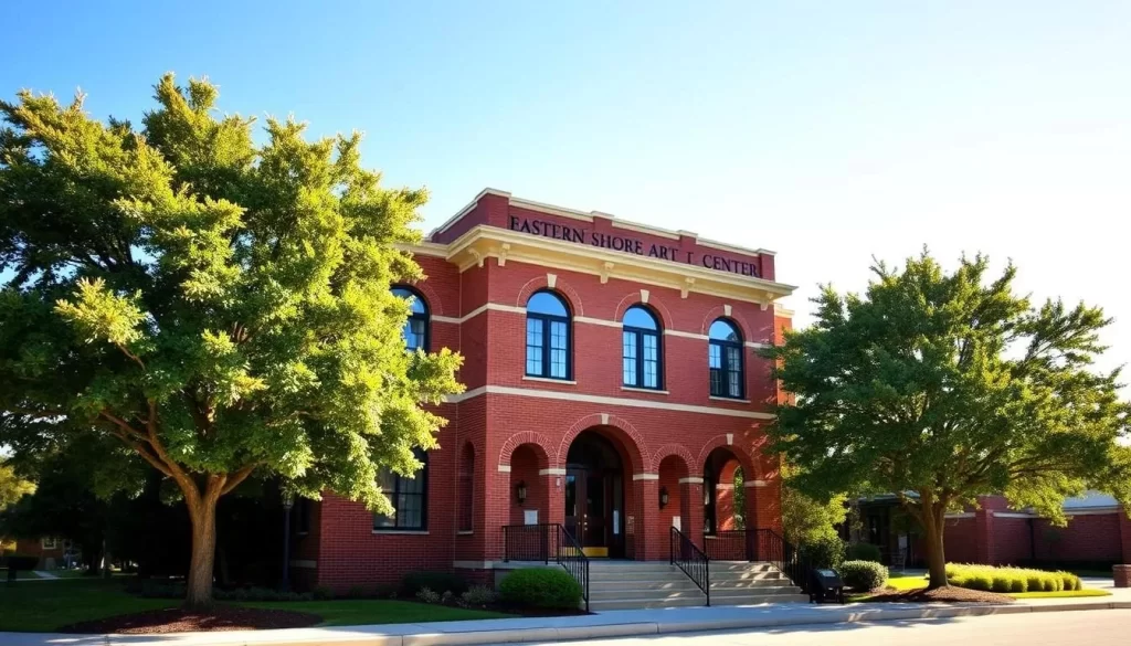 A stately, two-story brick building with arched windows and intricate architectural details stands proudly against a clear, azure sky. The Eastern Shore Art Center's façade is adorned with a classic, elegant design, exuding a sense of timeless sophistication. Lush, verdant trees frame the scene, adding a touch of natural beauty and creating a serene, welcoming atmosphere. Warm, golden sunlight bathes the entire composition, evoking a pleasant, inviting mood. The ground is adorned with well-maintained landscaping, complementing the striking, picturesque building. This captivating scene captures the essence of Fairhope's vibrant arts and culture, beckoning visitors to explore the treasures within.