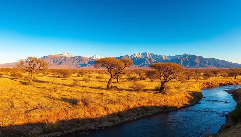 A striking landscape of the Samburu National Reserve in Kenya, bathed in warm, golden light. In the foreground, a winding river cuts through the rugged terrain, its waters reflecting the vibrant blue sky above. Majestic acacia trees dot the middle ground, their twisted branches reaching towards the heavens. In the background, a range of dramatic, jagged mountains rise up, their peaks capped with a dusting of snow. The scene is filled with a sense of tranquility and timelessness, capturing the essence of this remarkable wildlife reserve. The image is captured with a wide-angle lens, providing a sweeping, panoramic view that immerses the viewer in the breathtaking Samburu landscape.