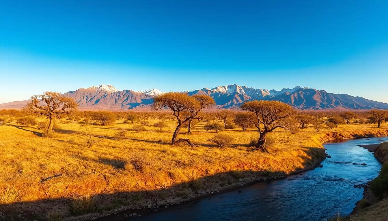 A striking landscape of the Samburu National Reserve in Kenya, bathed in warm, golden light. In the foreground, a winding river cuts through the rugged terrain, its waters reflecting the vibrant blue sky above. Majestic acacia trees dot the middle ground, their twisted branches reaching towards the heavens. In the background, a range of dramatic, jagged mountains rise up, their peaks capped with a dusting of snow. The scene is filled with a sense of tranquility and timelessness, capturing the essence of this remarkable wildlife reserve. The image is captured with a wide-angle lens, providing a sweeping, panoramic view that immerses the viewer in the breathtaking Samburu landscape.
