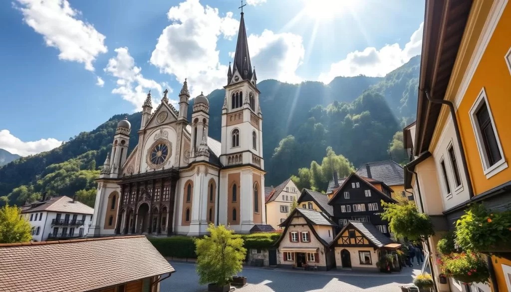 A stunning Baroque Catholic church nestled in the picturesque town of Hallstatt, Austria, on a bright and sunny day. The church's ornate facade features intricate details, towering spires, and a sprawling steeple that commands attention. The surrounding landscape is lush and verdant, with the cobblestone town square and traditional Alpine architecture in the foreground. Sunlight filters through the clouds, casting a warm, golden glow over the entire scene. The church's bell tower stands tall, its chimes ringing out across the serene town. A sense of tranquility and timeless beauty permeates the environment, inviting the viewer to immerse themselves in the charming atmosphere of Hallstatt.