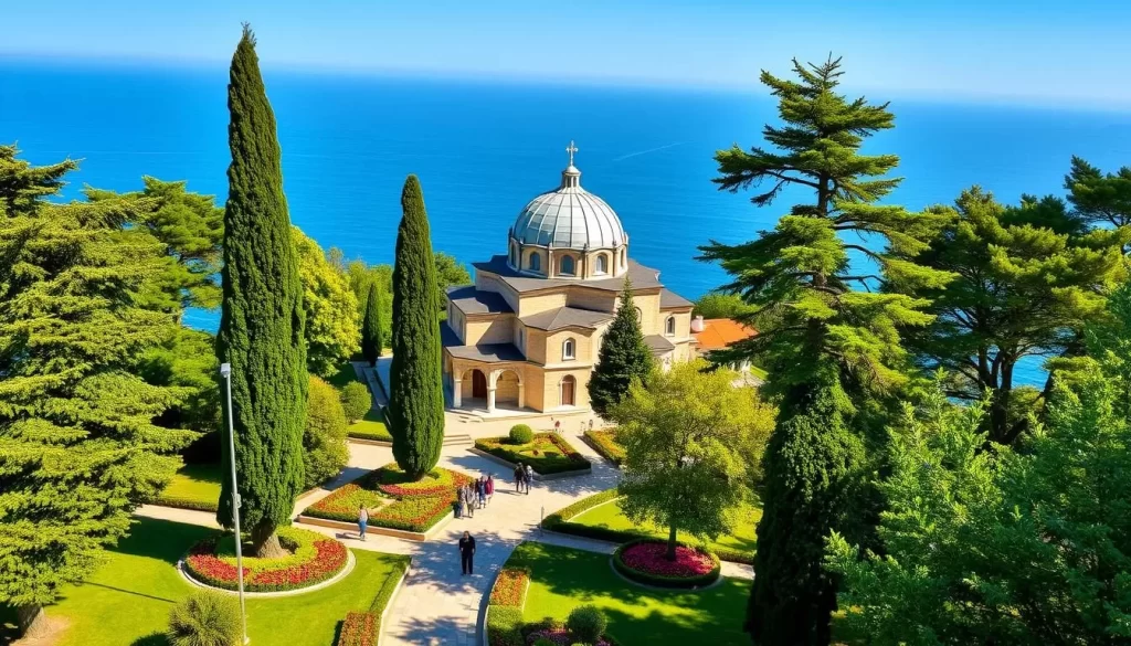 A stunning Orthodox church and monastery nestled among lush greenery on the picturesque Büyükada island. Aya Yorgi Church rises majestically, its domes and spires reflecting the warm afternoon sunlight. Towering cypress trees and colorful flower beds adorn the serene, tranquil grounds. Visitors stroll along the winding pathways, taking in the architectural beauty and soaking in the peaceful, spiritual atmosphere. In the background, glimpses of the deep blue Marmara Sea shimmer through the trees. A breathtaking scene that captures the essence of this remarkable historic site on the largest of the Princes' Islands.