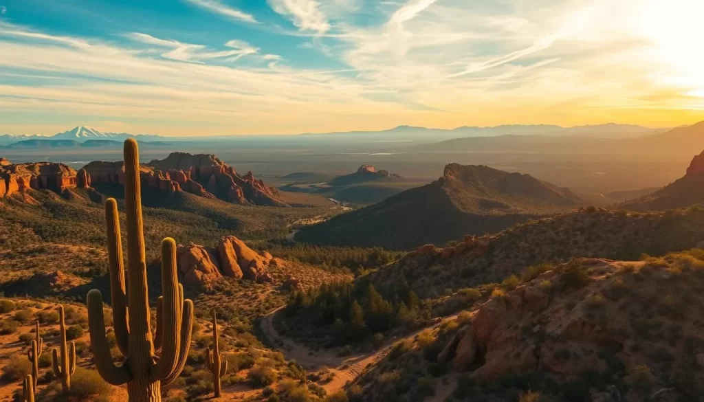 A stunning aerial view of Arizona's diverse climate zones on a picturesque day. In the foreground, rugged desert landscapes with towering saguaro cacti and red rock formations. The middle ground features lush pine forests and rolling hills, with hints of snow-capped mountains in the distance. The background showcases the vast, azure sky with wispy clouds, illuminated by warm, golden sunlight casting a serene glow over the scene. Capture the incredible natural beauty and contrasting ecosystems that make up this remarkable state.