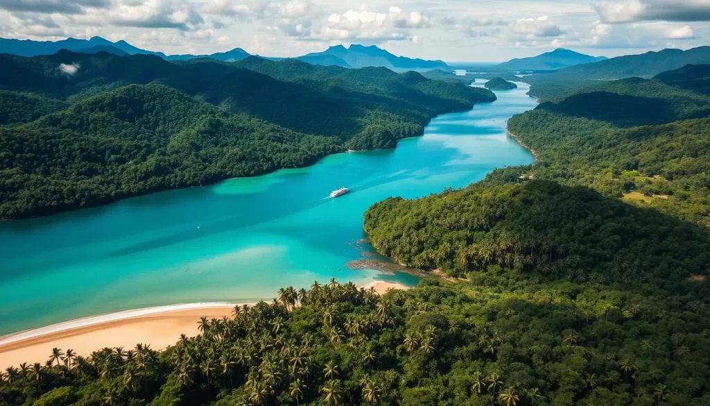 A stunning aerial view of Borneo Island, the wild heart of Southeast Asia, on a glorious sunny day. Lush, verdant rainforests cover the undulating terrain, punctuated by majestic mountains and meandering rivers that wind through the landscape. In the foreground, a pristine tropical beach hugs the azure waters of the South China Sea, its golden sands dotted with swaying palm trees. The middle ground reveals the diverse flora and fauna that thrive in this biodiversity hotspot, while the distant horizon is framed by dramatic, cloud-capped peaks. Capture the essence of this untamed, enchanting destination through a lens that celebrates its natural beauty and raw, untamed spirit.