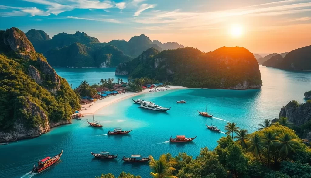 A stunning aerial view of Koh Phi Phi, a tropical paradise in Thailand's Andaman Sea. The vibrant turquoise waters lap against the pristine white-sand beaches, framed by dramatic limestone cliffs and lush, verdant foliage. In the foreground, traditional longtail boats dot the calm bay, while the middle ground showcases the iconic Tonsai Village, its colorful buildings nestled amongst swaying palm trees. In the distance, the rugged hills of the island rise up, creating a breathtaking backdrop illuminated by the warm, golden glow of the sun. The scene exudes a sense of tranquility and natural beauty, inviting the viewer to explore this enchanting tropical destination.
