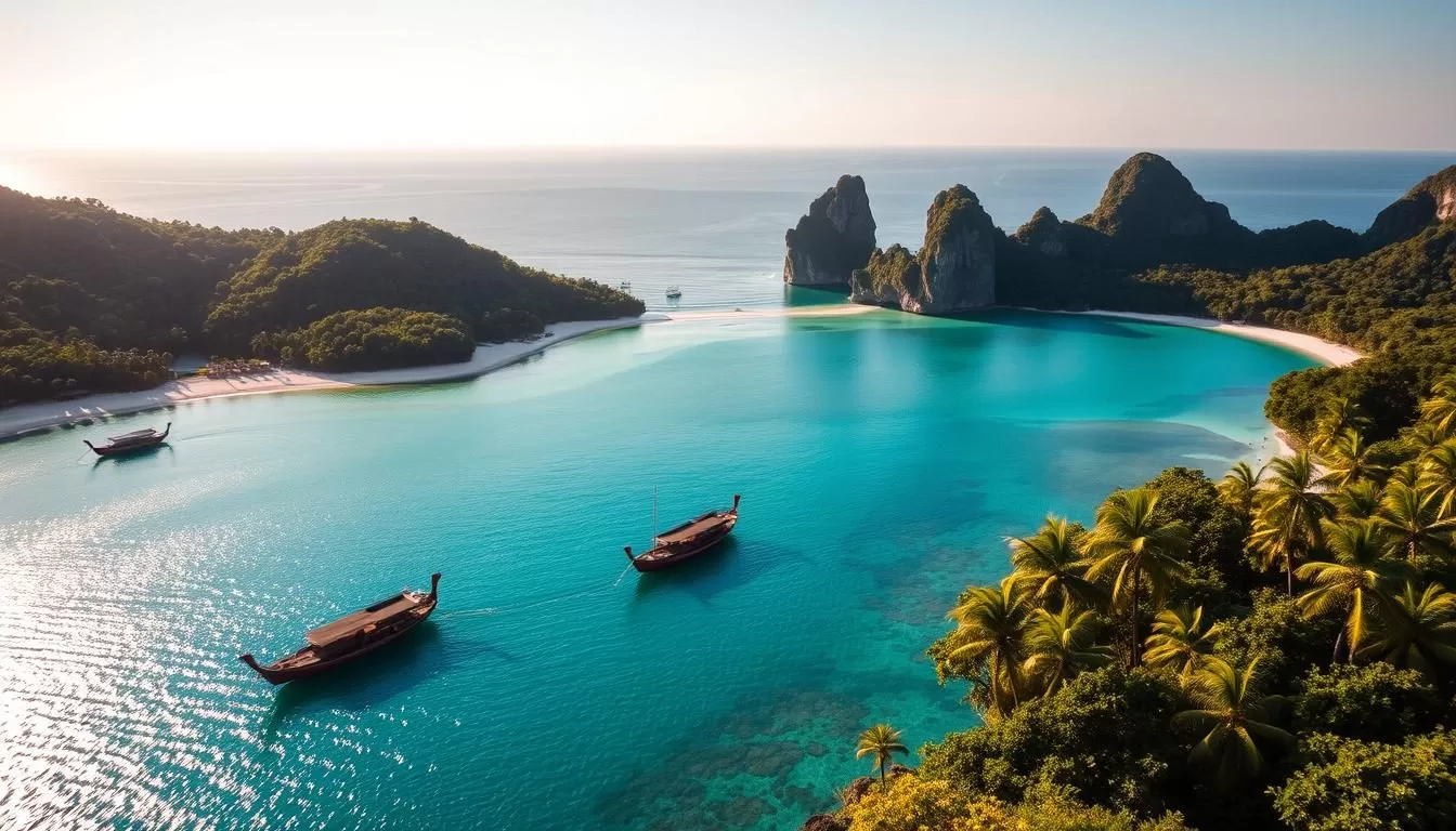 A stunning aerial view of Koh Samui, Thailand's idyllic island paradise. Lush, verdant hills dotted with palm trees frame a glistening turquoise bay, where white sand beaches meet the crystalline waters of the Gulf of Thailand. In the foreground, traditional longtail boats float peacefully, while in the distance, towering rocky outcrops rise majestically from the sea. Bathed in warm, golden sunlight, the scene exudes a serene, tropical ambiance, inviting the viewer to imagine the tranquil, laid-back lifestyle of this island oasis.