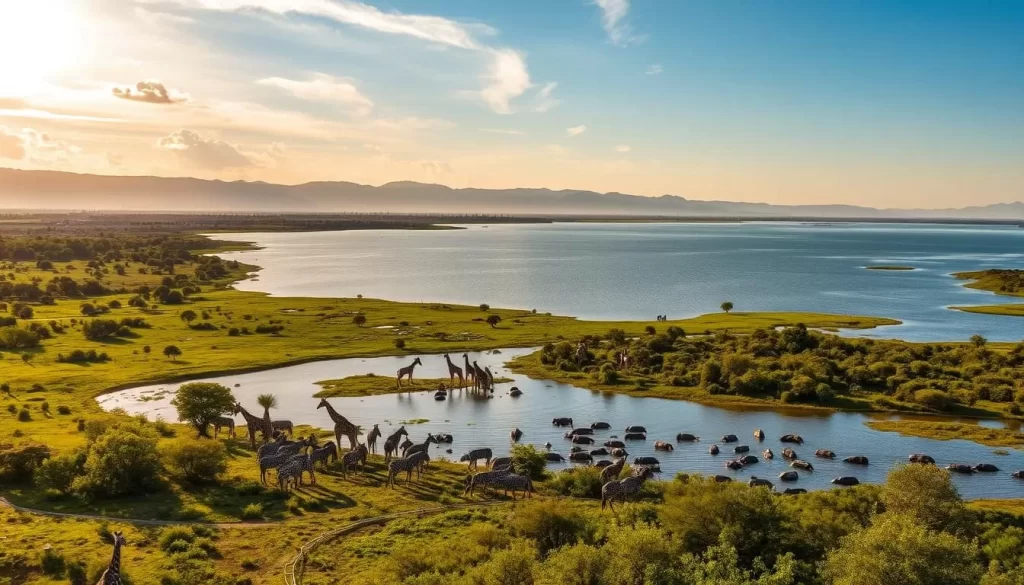 A stunning aerial view of Lake Naivasha, Kenya's freshwater jewel, surrounded by lush, verdant landscapes. In the foreground, a diverse array of wildlife thrives, including elegant giraffes, majestic zebras, and playful hippos basking in the shallows. The middle ground showcases the lake's shimmering waters, reflecting the warm, golden sunlight filtering through wispy clouds. In the distance, the rolling hills and rugged mountains form a picturesque backdrop, creating a harmonious and serene natural tableau. Capture the essence of this idyllic Kenyan oasis, where the balance of land and water, animals and their habitat, come together in a breathtaking display of nature's beauty.