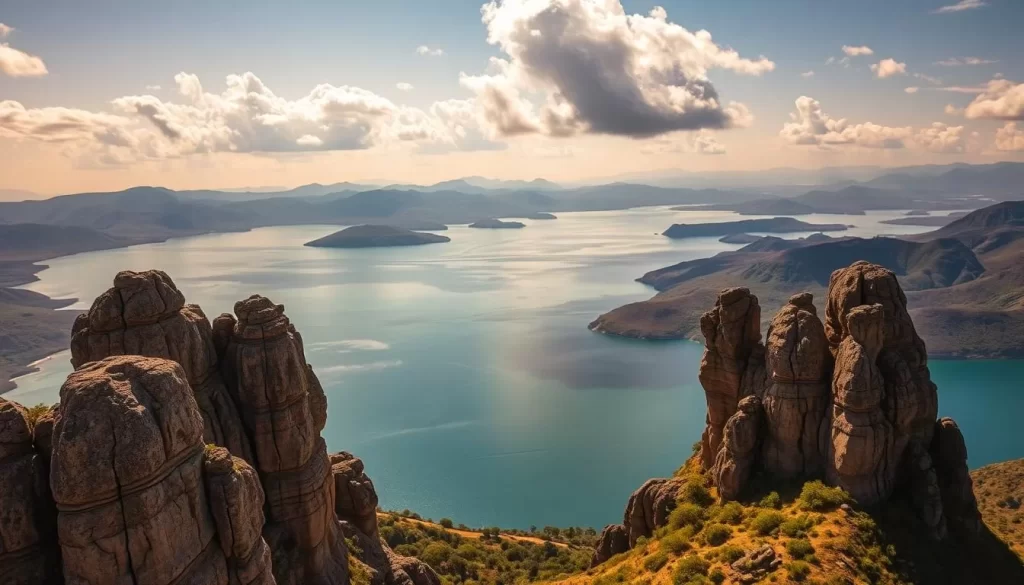 A stunning aerial view of Lake Victoria's pristine waters, nestled between the rolling hills of Mwanza, Tanzania. The tranquil lake reflects the vibrant hues of the sky, with fluffy white clouds casting gentle shadows on the surface. In the foreground, the unique granite formations of Mwanza's "Rock City" rise majestically, their rugged textures contrasting with the serene lake. The warm afternoon sun bathes the scene in a golden glow, creating a peaceful and inviting atmosphere. This breathtaking landscape showcases the natural beauty and geological wonders that make Mwanza a true gem in Tanzania's diverse landscape.