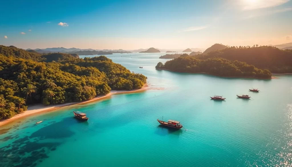 A stunning aerial view of Sibu Island, Malaysia, showcasing its picturesque landscapes. The lush, verdant forests and pristine beaches are bathed in warm, golden sunlight, creating a serene and inviting atmosphere. In the foreground, a crystal-clear turquoise lagoon reflects the surrounding natural beauty, while in the middle ground, traditional fishing boats dot the calm waters. The background features rolling hills and distant mountains, creating a sense of depth and scale. The overall scene captures the idyllic, unspoiled charm of this tropical paradise, inviting the viewer to explore its photographic wonders.