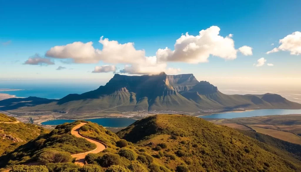 A stunning aerial view of Table Mountain National Park in South Africa, showcasing its breathtaking natural beauty. The iconic flat-topped mountain rises majestically, its sandstone cliffs casting dramatic shadows across the lush, verdant landscape below. In the foreground, a winding hiking trail meanders through the rugged terrain, inviting visitors to explore the park's diverse flora and fauna. The middle ground features a serene lake, its calm waters reflecting the dramatic mountain silhouette. The background is dominated by a clear, azure sky, with fluffy white clouds drifting lazily overhead, creating a sense of tranquility and peace. The scene is bathed in warm, golden sunlight, highlighting the park's vibrant colors and textures. This image perfectly captures the essence of Table Mountain National Park, inviting viewers to imagine the thrilling outdoor adventures and stunning vistas that await.