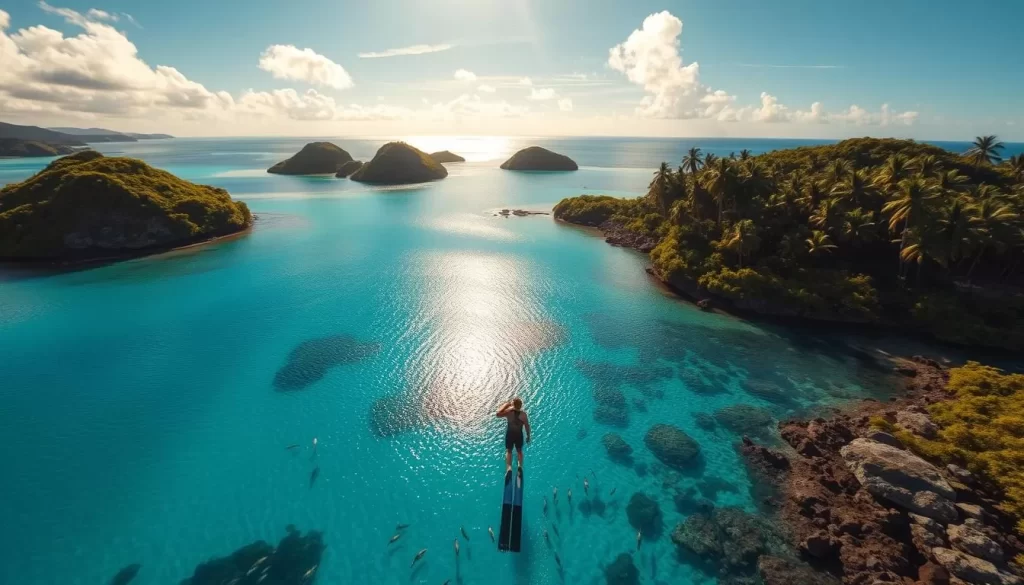 A stunning aerial view of a crystal-clear azure lagoon in Fiji, surrounded by lush verdant islands and swaying palm trees. Sunlight gently filters through wispy clouds, casting a warm, golden glow across the tranquil waters. In the foreground, a diver gracefully descends into the inviting depths, exploring the vibrant coral reefs and schools of tropical fish below. The serene, peaceful atmosphere captures the essence of Fiji's best months for a weather-savvy trip from May to October.
