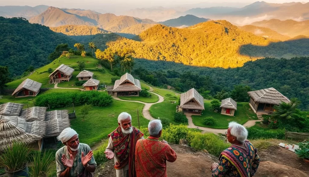 A stunning aerial view of a remote tribal village nestled amid verdant hills, with traditional thatched-roof huts and winding paths. In the foreground, a group of elders engage in a lively discussion, their hands gesturing animatedly as they preserve the rich oral traditions of their people. The middle ground showcases colorful textiles and intricate wood carvings, while the background reveals a tapestry of lush forests and rolling mountains, bathed in warm, golden light. This vibrant scene captures the essence of the diverse tribal languages that thrive in the heart of Madhya Pradesh, India.