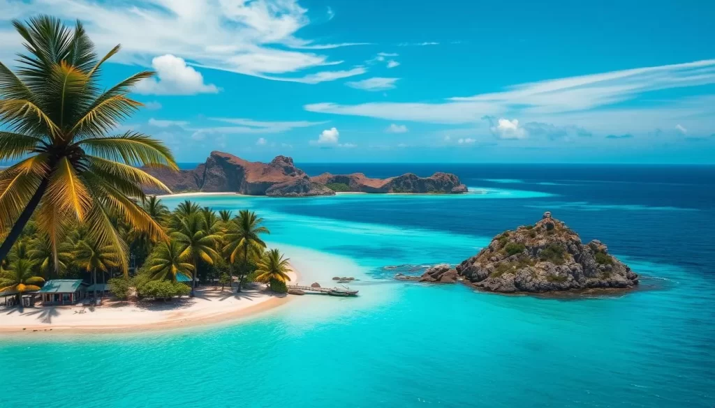 A stunning aerial view of the Lakshadweep archipelago, a cluster of breathtaking coral islands shimmering in the turquoise waters of the Arabian Sea. Emerald-green palm trees sway gently in the warm breeze, framing the pristine white-sand beaches that gently slope into the crystalline lagoons. In the distance, rugged cliffs and rocky outcroppings rise from the sea, their hues shifting from ochre to charcoal as the sunlight dances across their surface. The sky is a brilliant azure, with wispy clouds casting playful shadows on the undulating waves below. A sense of tranquility and isolation pervades the scene, capturing the unique linguistic and cultural diversity of this remote Indian territory.