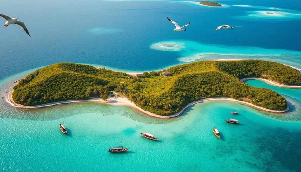 A stunning aerial view of the Lakshadweep archipelago, a cluster of pristine coral islands in the sparkling azure waters of the Arabian Sea. Lush palm-fringed beaches give way to verdant interior landscapes, with traditional thatched-roof houses dotting the rolling hills. Vibrant fishing boats bob gently in the sheltered lagoons, while seabirds soar overhead, catching the warm tropical breeze. The scene is bathed in warm, golden sunlight, creating a serene and tranquil atmosphere that captures the essence of this linguistic and cultural melting pot.